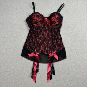 Red And Black Floral Mesh & Lace Bustier Top 36C Whimsigoth Romantic Vampy y2k